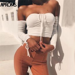 Aproms Coolest Off Shoulder Crop Tops Casual Ruched Pleated White T shirt Women Short Sleeve Cropped Tshirt for Women Clothing LJ200814