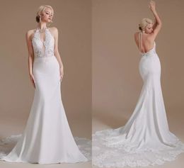 Sexy Mermaid Wedding Dresses Halter Lace Appliqued Beach Backless Strapless Bridal Gown Real Pictures CPS1994