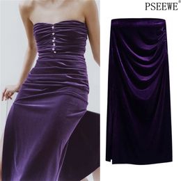 Purple Draped Velvet Pencil Skirt Women Vintage Winter High Waist Long Woman Ruched Elegant Ladies s 210519