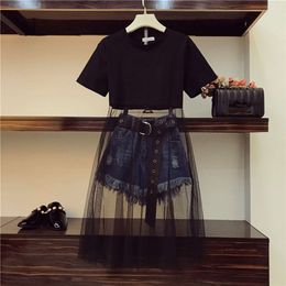 Luxury Quality 2020 Summer Women Mesh Patchwork Black Long T shirt Tassel Denim Shorts 2 Piece sets With Belt T200701