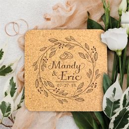 10Pcs Personalized Engraved Cork Drink Cover er Custom Square Round Wedding ers Anniversary Engagement Gifts 220707