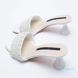 Dress Shoes Women Fashion Heeled Pearl Sandal Elegant White Outdoor Slippers Open Toe Sandals Ladies High Heel Woman