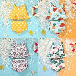 Two-Pieces Baby Girls Bikini Swimsuit Suit Children's Clothing Summer Beach Short Pants Sleeve 2pcs Set Fruit Dinosaur Dot Leaf Printed Swimwear Outfits