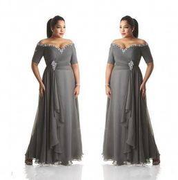 One pcs Grey Mother of the Bride Dresses Plus Size Off the Shoulder Cheap Chiffon Prom Party Gowns Long Mother Groom Dresses Wear