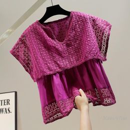 Women's Blouses & Shirts Vintage Crocheted Hollow Lace Blusas For Women Summer 2022 Flying Sleeves Doll Shirt Loose-Fitting Ladies Top Solid