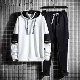 Hoodies Sweatpants 2 Pieces Tracksuits Sets Men Autumn Winter Casual Track Suit Sportswear Male Patchwork Hooded Letter Suits 201128