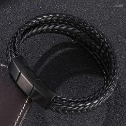 Trending Fashionable Jewelry Multi Layer Leather Braided Bracelet Stainless Steel Black Magnet Genuine Men Bangle Inte22