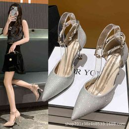 Summer high-heeled shoes thick Baotou sandals large fat wide foot pearl French single women's middle new style in 220506