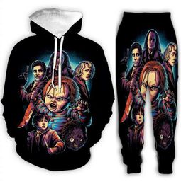 Wholesale--New Fashion Men/Womens Horror Movie Chucky Sweatshirt Joggers Funny 3D Print Unisex Hoodies+Pants %018