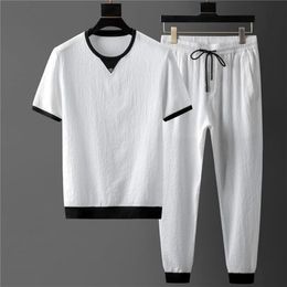 Men s Sets Summer Short Sleeve Tops Elastic Waist Trousers Clothing Two Piece Set Korean Streetwear Tracksuit Big Size 220613