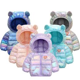 2021 Autumn Winter Short Colourful Boys And Girls Jacket Cartoon Glowing Bear Hooded Down Jacket For Children 1-5 years Old Outerwear J220718