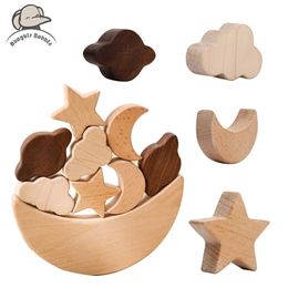 Montessori Wooden Toys for Baby Stars Moon Balance Blocks Board Games Eonal Children Stacking High Constructor 220418