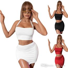 2022 Summer New Women's Wear Two Piece Dress Outfit Hanging Neck Vest Sexy Tight High Waist Bag Hip Split Skirt Suit XS-XXL