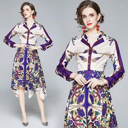 Casual Dresses Elegant Women Floral Print Slim Tunic Dress Office Lady Long Sleeve Irregular Hem Midi Clothing
