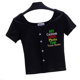 Customise your Favourite T shirt women s summer tight belly button short sleeves exposed clavicle 220621