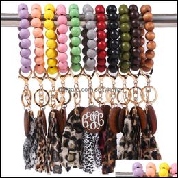 Key Rings Jewelry Sile Bead Bracelets Bangle Handmade Wristlet Leather Tassel Leopard Keychain For Women Q267Fz Drop Del Dhuwf