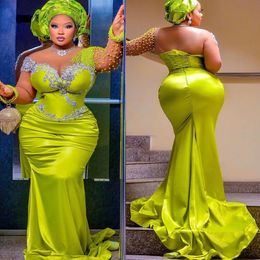 Plus Size Arabic Aso Ebi Green Luxurious Mermaid Prom Dresses Beaded Satin Evening Formal Party Second Reception Birthday Engagement Gowns Dress ZJ
