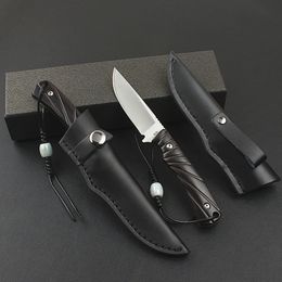 New H8401 Small Survival Straight Knife D2 Satin Drop Point Blade Ebony Handle Fixed Blade Outdoor Hunting Fishing Knives with Leather Sheath