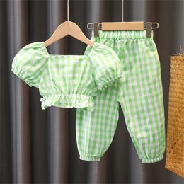 Summer toddler girl s clothes kids baby outfit sets short plaid top pants suit for children girls clothing thin cool 220620