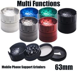 Multi Functions Mobile Phone Supporters 63mm Diameter Smoking Accessories Herb Grinders Tobacco Crusher Zinc Alloy Material GR420