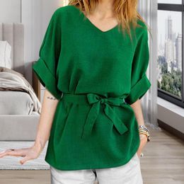 Women's Blouses & Shirts Women Tops Solid Color Belt Bow-knot Tight Waist V Neck Batwing Sleeves Short Summer Blouse T-shirt Daily ClothesWo