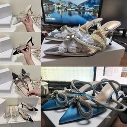 Women Rhinestone Sandals Crystal Double Bow Satin High Heels Summer Ladies Shoes Pvc Heels Pointed Toe Party Prom Shoe 35-40