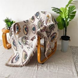 Throw Blanket Knitted Cotton Sofa Cover Demon Eye Weighted Tapestry Bohemian Tassel Boho Wall Deco Picnic Rug Blankets 220524