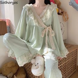 Women's Sleepwear Fairy Vneck Lace Spring Pajama Sets Women Sashes Kimono Desig 220823
