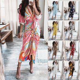 Striped Leopard Print Button Women's Dress Spring Elegantes Ankle Bandage Dress Half Sleeve Vintage Dress Shirt Beach Robe 220423