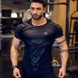 Compression Quick dry T-shirt Men Running Sport Skinny Short Tee Shirt Male Gym Fitness Bodybuilding Workout Black Tops Clothing 220325