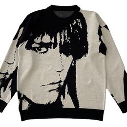 Men's Sweaters Womens Streetwear Harajuku Sweater Vintage Retro Japanese Style Anime Portrait Print Knitted 2022 Autumn Cotton PulloverMen's