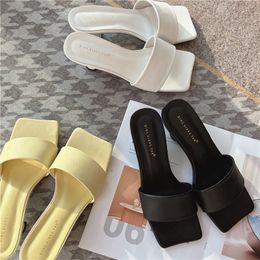 Women Basic Slides 4cm High Heels Mules Summer Leather Sandals Lady Block Low Heels Brand Slippers Cute Kawaii Yellow Shoes CX220331