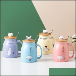Mugs Drinkware Kitchen Dining Bar Home Garden Creative Color Cat Heat-Resistant Mug Cartoon With Lid 450Ml Cup Kitten Coffee Ceramic Chil