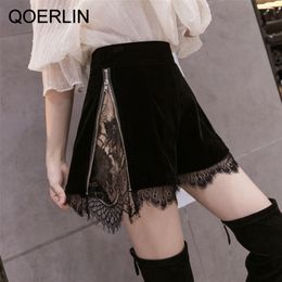 QoerliN Women's Velvet Shorts Plus Size Sexy Lace Korean High Waist Slim Side Zipper Straight Trouser 220427