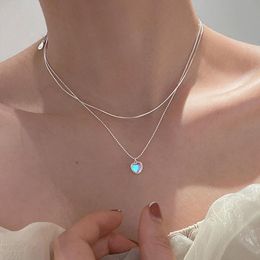 Pendant Necklaces Moonstone Heart Necklace For Women Double Layer Silver Color Clavicle Collar Chain Girls Romantic Love Choker JewelryPenda