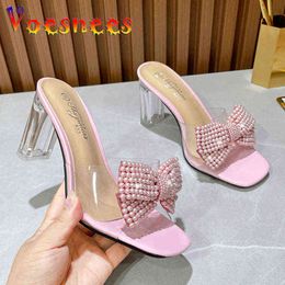 Street Fashion Girl Bow Crystal Slippers Sexy Transparent Dress Heel Shoes Summer Pearl Bowknot Design 2022 Elegant Party Sandal Y220421