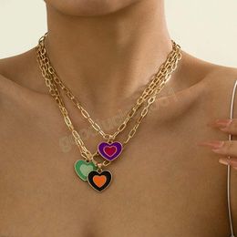 Fashion Double Colour contrast Heart Dainty Necklaces Gold Colour Chain Choker Necklace For Women Pendant Jewellery