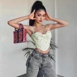 home clothing Summer Vacation Sexy Strap Boned Corset Crop Tops For Women 2022 Floral Print Sleeveless Backless Irregular Camis Top Streetwear