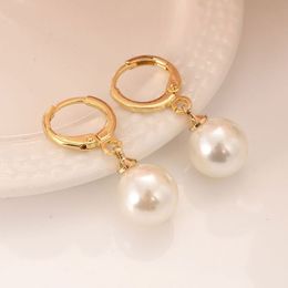Lady's Elegant 10mm Pearl Drop Clip Dangle Charm Hoop Earrings 18K Solid Fine Gold