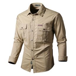 Mens Cotton Military Shirts Men Long Sleeve Casual Dress Male Cargo Work Working Solid Color 220322