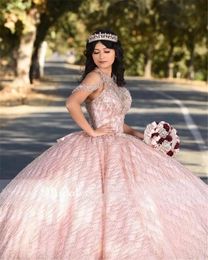 2022 Sexy Bling Rose Gold Pink Sequined Lace Quinceanera Dresses High Neck Crystal Beading Off Shoulder Ball Gown Vestidos De Dress Guest Corset Back Tulle Sequins