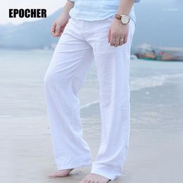 Men's Pants Wholesale- 2022 Summer Casual Natural Cotton Linen Trousers White Elastic Waist Straight 2P71