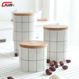 Round Plaid Sealed Ceramic Storage Jar For Spices Tea Coffee Can Tank Food Container Bottle With Lid For Kitchen Organiser T200506