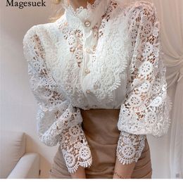 Petal Sleeve Stand Collar Hollow Out Flower Lace Patchwork Shirt Femme Blusas All-match Women Lace Blouse Button White Top 12419 220407