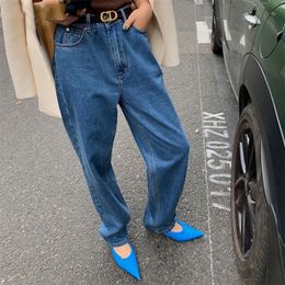 SHIJIA High Waist Pockets Female Denim Trousers Vintage Chic Floor-length Jeans Women Wide Leg Jeans Ladies Blue Jeans Pants 201029