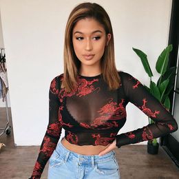 Fashion Trend Women Summer Mesh See Through Crop Tops Casual Unique Pattern Ladies Skinny Slim Pullover T-shirt Tee