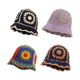 Fashion Flowers Knitted Hats Bohemian Wide Brim Hats Girl Bucket Hat Outdoor Warm Casual Cap