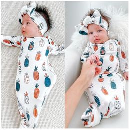 Toddle Sleeping Bags Headband Set Knotted Robe Pajamas Set Fishtail Floral Flowers Anti Kick Gown Clothes Rompers Newborn Long Sleeve Homewear Sleepwear B8258