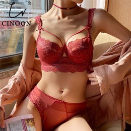 CINOON Top Ultra-thin Underwear Set Push-up Bra And Panty Sets Hollow Brassiere Gather Sexy Bra Plus Size Lace Lingerie Set 220513