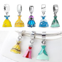 925 Silver Fit Pandora stitch Bead Enamel Princess Dress Bracelet Charm Beads Dangle DIY Jewelry Accessories